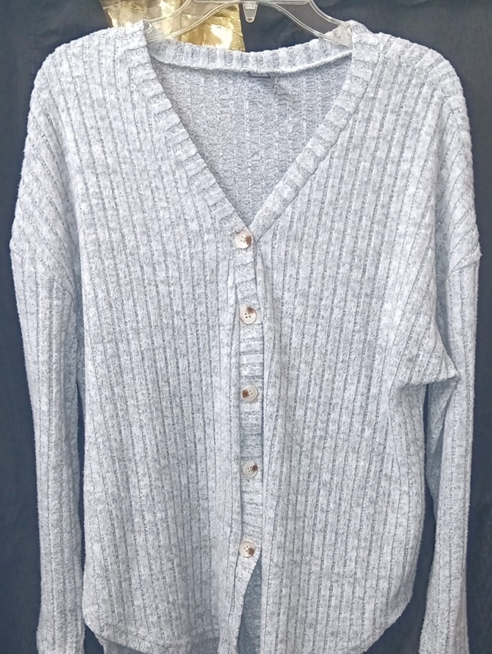 SHEIN Light Gray Ribbed V-Neck Button Cardigan